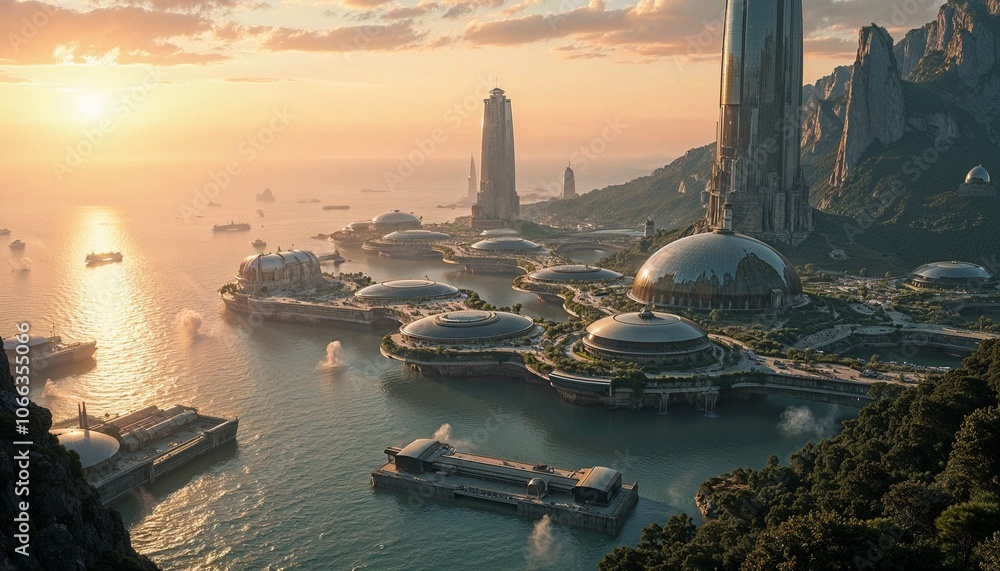 Futuristic habitats on a alien planet with distant moons and spacecraft
Futuristic habitats on a alien planet with distant moons and spacecraft