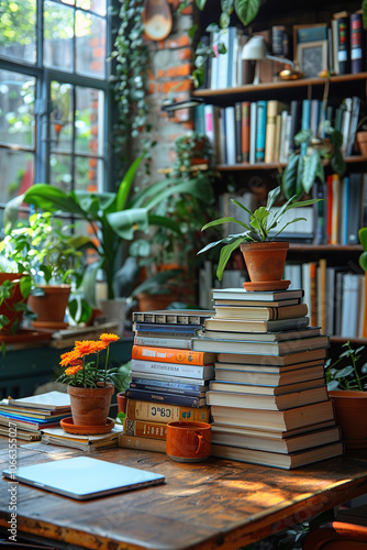 Create an inviting reading space with a stack of books and lush green plants on a cozy desk