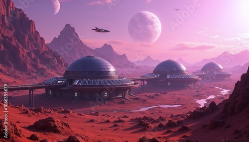 Futuristic habitats on a red alien planet with distant moons and spacecraft

