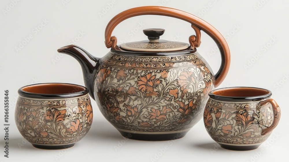 Ornate Ceramic Teapot and Two Cups with Floral Design Ornate Ceramic Teapot and Two Cups with Floral Design
