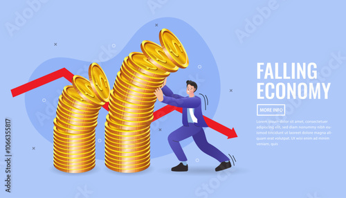 A falling economy banner. A businessman struggles to stop falling gold coins, symbolizing a financial crisis. A red arrow shows a stock market crash, recession, and inflation.