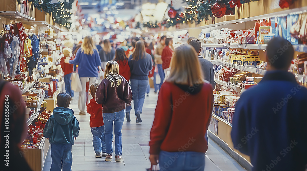 Fototapeta premium • Families with children shopping in a crowded department store during holiday sales, with decorated aisles and discounted products on display 