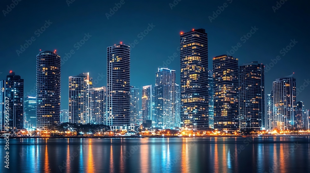 Obraz premium Illuminated Cityscape of Modern Skyscrapers Reflected in Calm Water at Night