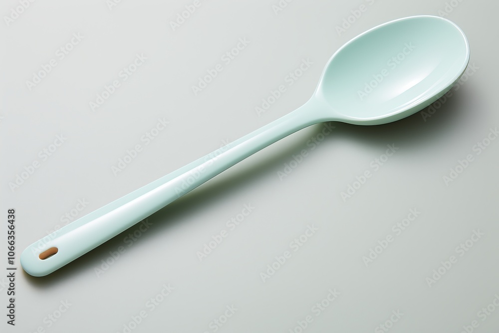 Simple mint green serving spoon on a light gray surface, showcasing minimalist kitchenware design Simple mint green serving spoon on a light gray surface, showcasing minimalist kitchenware design