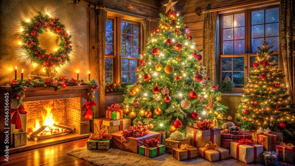 A festive scene with a warm fireplace, two illuminated Christmas trees, and gifts wrapped in festive paper under the twinkling lights. A festive scene with a warm fireplace, two illuminated Christmas trees, and gifts wrapped in festive paper under the twinkling lights.