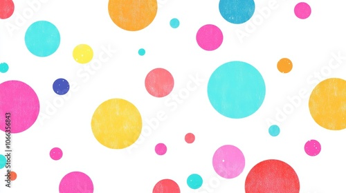 A vibrant and playful polka dot pattern, with large multicolored dots on a white background