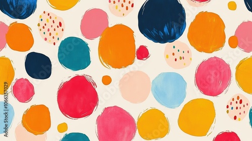 A vibrant and playful polka dot pattern, with large multicolored dots on a white background