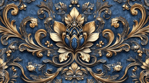 Ornate Gold and Blue Floral Design with Gemstones