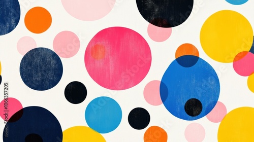 A vibrant and playful polka dot pattern, with large multicolored dots on a white background