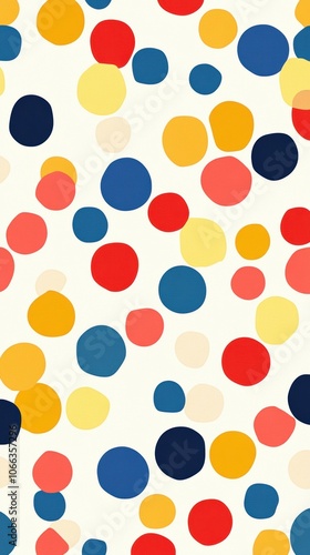 A vibrant and playful polka dot pattern, with large multicolored dots on a white background