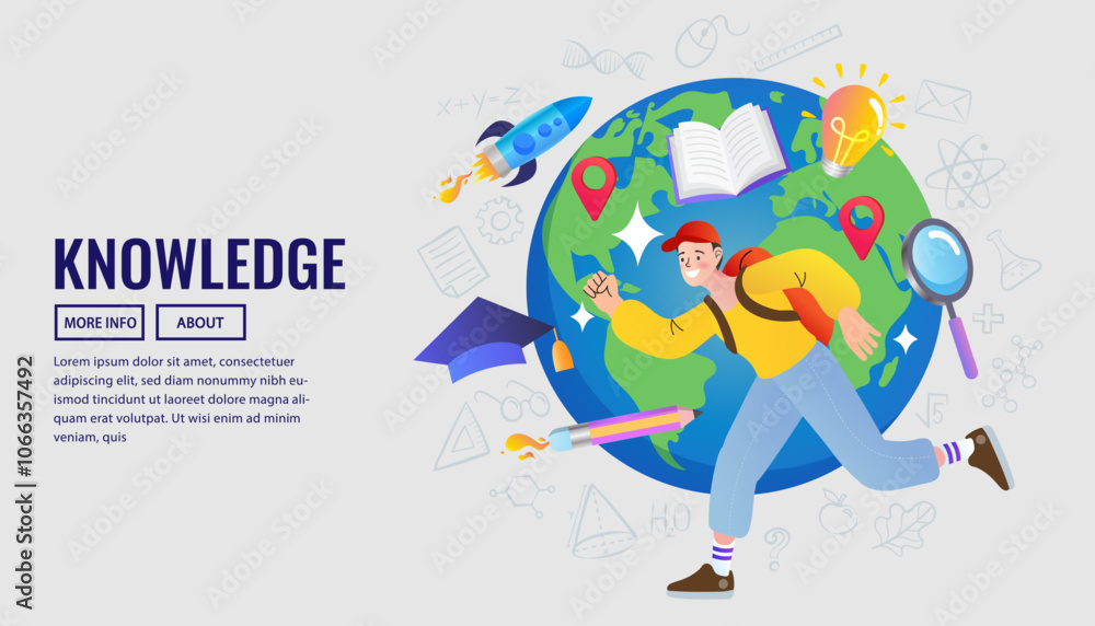Fototapeta premium Boy and educational goals. Vector of a little boy climbing up stairs to reach his goal on the top. Starting His Way Up to Academic Cap as Symbol College Graduation