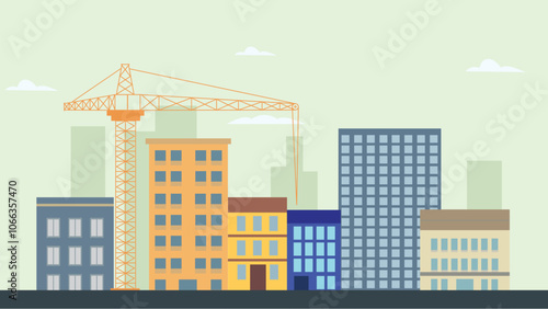 Street in City Town with Cityscape Skyscrapers Building Landscape and Tower Crane Construction