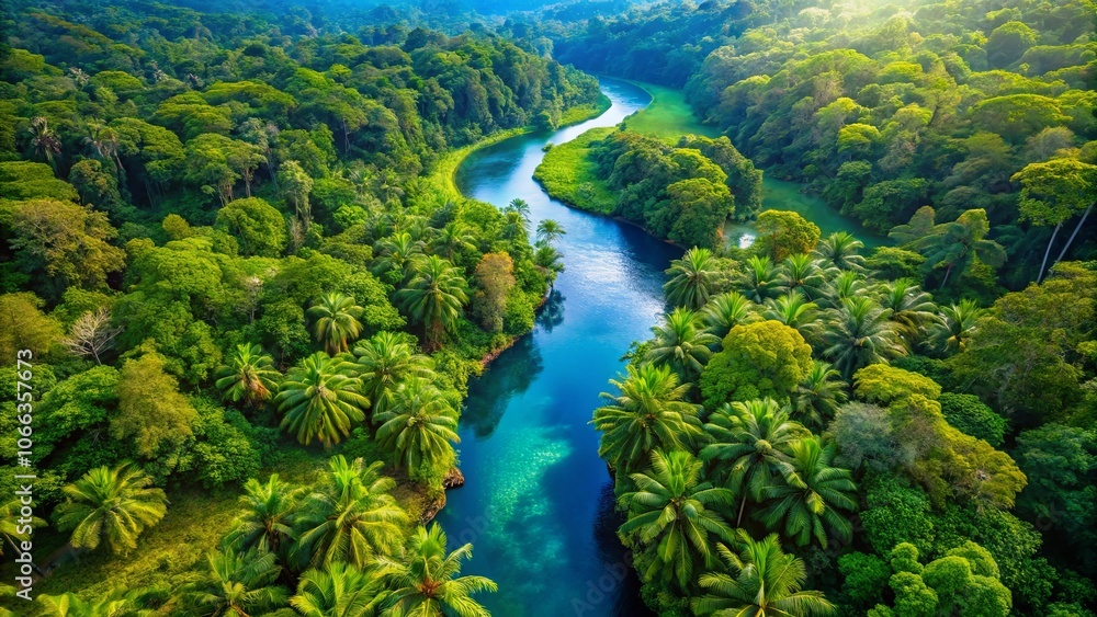 An aerial view of a pristine river winding through a lush tropical forest, sunlight illuminating the foliage and the sparkling water An aerial view of a pristine river winding through a lush tropical forest, sunlight illuminating the foliage and the sparkling water