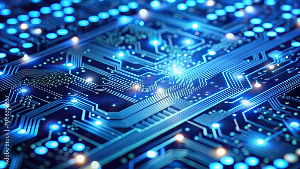 Abstract blue circuit board with many small lights on it in the background with a Depth of Field Abstract blue circuit board with many small lights on it in the background with a Depth of Field