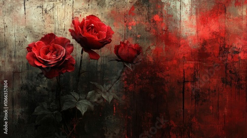 Three Red Roses Against a Grungy, Blood-Stained Background