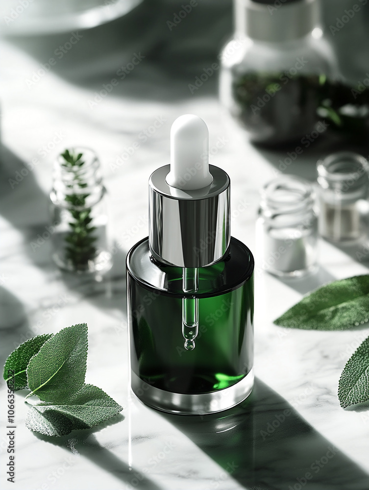 A compact bottle of spot treatment serum with a dropper cap, positioned on a marble surface. A compact bottle of spot treatment serum with a dropper cap, positioned on a marble surface.