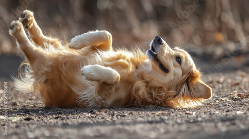 golden retriever dog joyfully performs rollover on ground, showcasing its playful nature and fluffy fur in natural outdoor setting