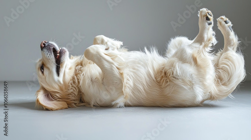 playful golden retriever dog performing rollover on smooth surface, showcasing its fluffy fur and joyful expression. This adorable moment captures essence of canine playfulness and happiness