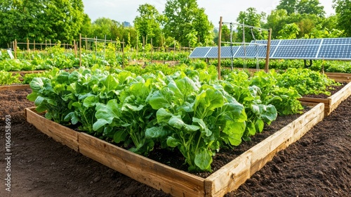 Lush green vegetable garden with raised beds, surrounded by trees and solar panels, showcasing sustainable farming practices. photo