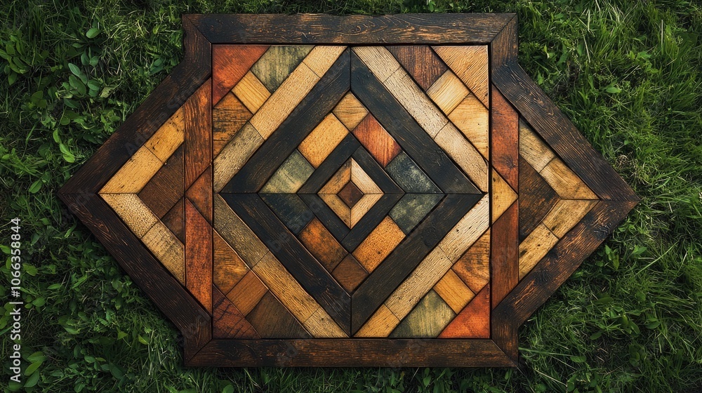 A wooden geometric art piece with a square and diamond pattern, on a green grass background. A wooden geometric art piece with a square and diamond pattern, on a green grass background.