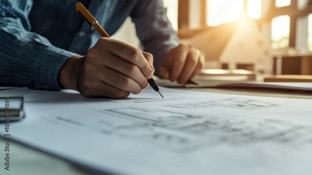 A person sketching architectural plans on paper with a pencil in a well-lit workspace. A person sketching architectural plans on paper with a pencil in a well-lit workspace.