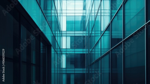 Panoramic perspective of modern high rise buildings with steel blue glass facades showcasing industrial architecture