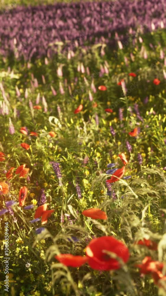 Multicolored flowering summer meadow with red pink poppy flowers Multicolored flowering summer meadow with red pink poppy flowers