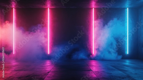 Wallpaper Mural Rough black wall texture with dark concrete floor featuring an abstract backdrop of dark blue smoke and smog creating an empty scene highlighted by neon lights and spotlights Torontodigital.ca