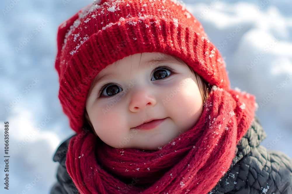 A cute baby wearing a red Christmas hat and scarf with snow background A cute baby wearing a red Christmas hat and scarf with snow background