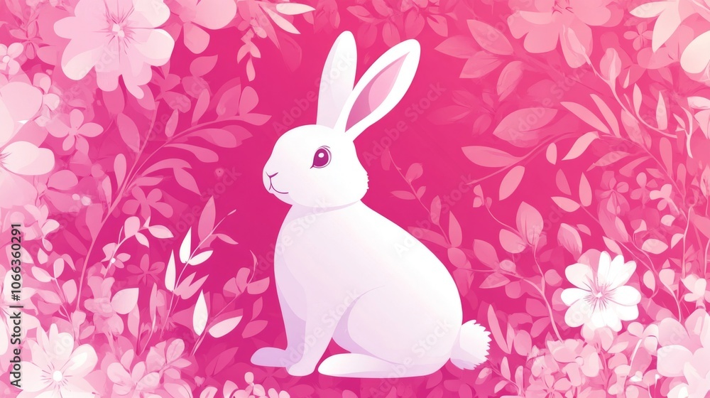 Obraz premium White Rabbit Sitting in a Pink Floral Garden