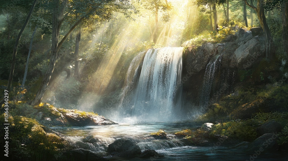 Peaceful waterfall surrounded by a sunlit forest with beams of light enhancing a calm and magical ambiance Peaceful waterfall surrounded by a sunlit forest with beams of light enhancing a calm and magical ambiance