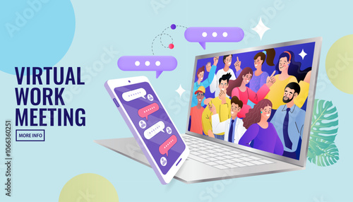 Virtual work meeting banner template with laptop video conference and mobile chat. Concept of remote team collaboration and online webinar. Vector illustration of digital communication technology.