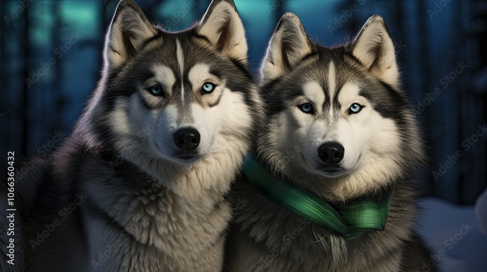 Two Huskies in Green Scarf by Christmas Tree Two Huskies in Green Scarf by Christmas Tree