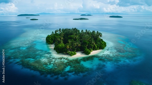 Aerial View of a Lush Tropical Island with Pristine White Sand Beach and Clear Turquoise Waters