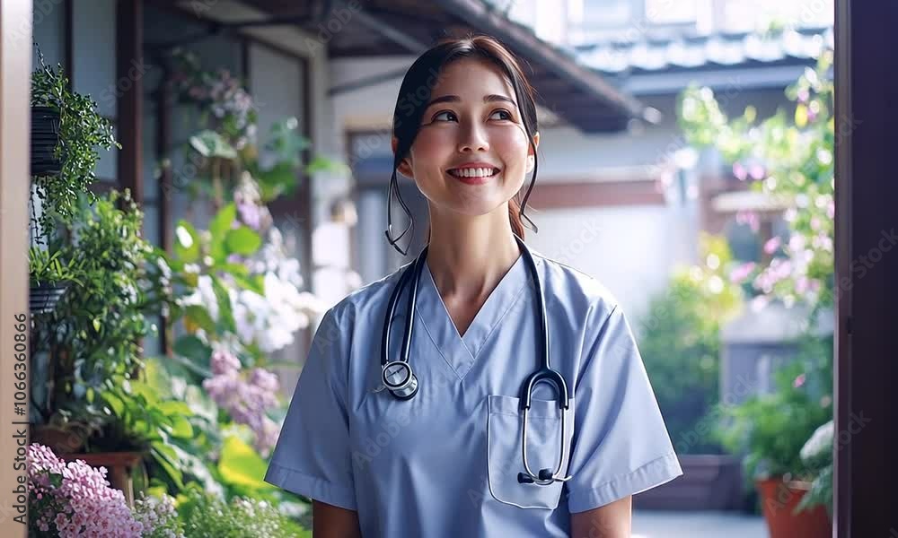 A smiling healthcare professional in a garden setting. A smiling healthcare professional in a garden setting.