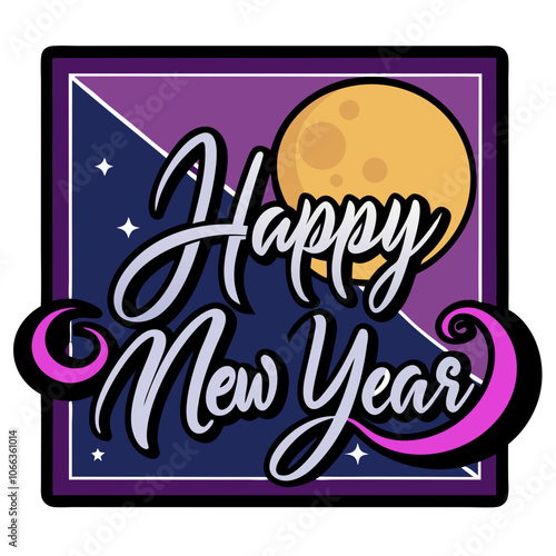 Happy New Year with Moon: A vibrant and festive graphic illustration for the new year, featuring a stylized moon, stars, and the words "Happy New Year" in a whimsical font. Perfect for greeting cards.