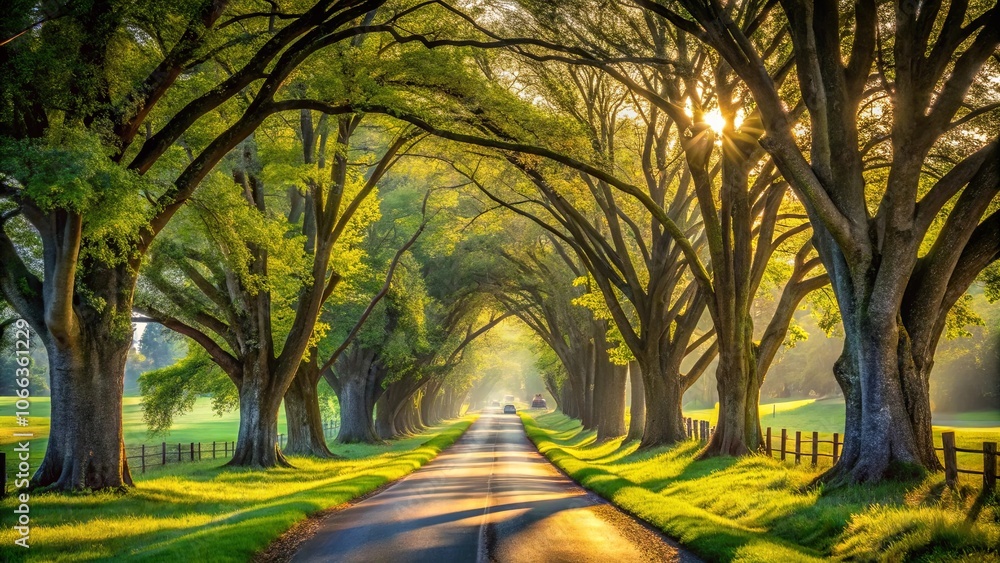 Obraz premium A Sunlit Path Through a Canopy of Leafy Trees, a Gentle Breeze Whispers Through the Branches Casting Long Shadows on the Road Ahead
