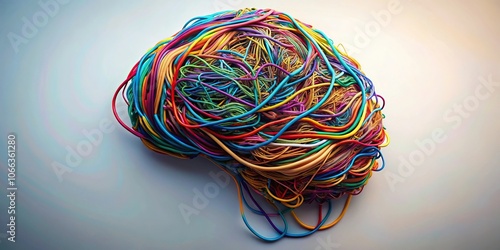 Abstract brain covered in colorful wires from high angle view photo