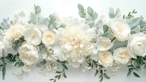 Fototapeta Naklejka Na Ścianę i Meble -  Watercolor white flowers arrangement. Floral bouquet of creamy peony, ivory rose, sage green foliage,  greenery and eucalyptus leaves.  Hand painted illustration for wedding invitation, background 