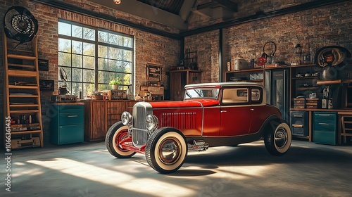 1990s garage with a classic car and old equipment, wide view