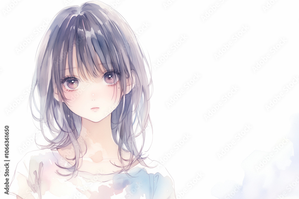 水彩画風イラストの女の子。バナー素材。