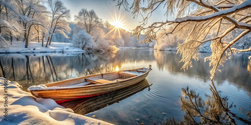 A solitary wooden boat rests on a tranquil lake, its surface glistening with the reflections of snow-laden trees and a sun-drenched sky.