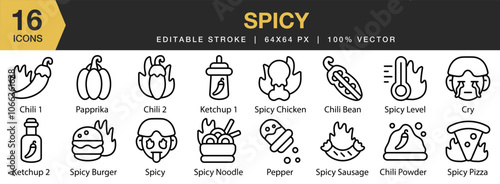 Spicy icon set. Editable Stroke Icon Collection. Includes chili, bean, powder, ketchup, paprika, papper, , and More. Outline icons vector collection.