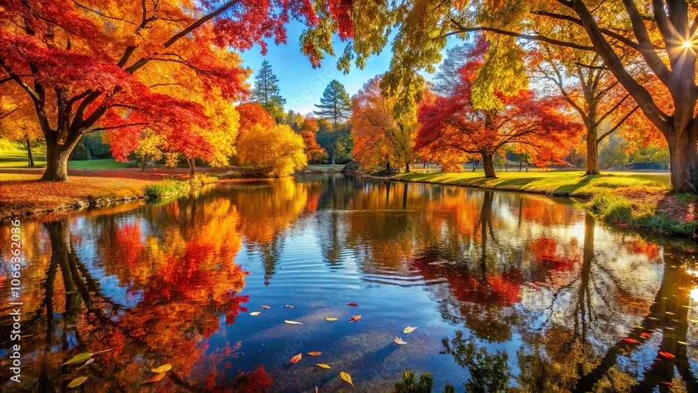 Autumnal Reflection in a Serene Pond, Trees Painted in Vibrant Hues of Orange, Red, and Yellow, Casting a Spectacular Mirror Image on the Tranquil Water Autumnal Reflection in a Serene Pond, Trees Painted in Vibrant Hues of Orange, Red, and Yellow, Casting a Spectacular Mirror Image on the Tranquil Water