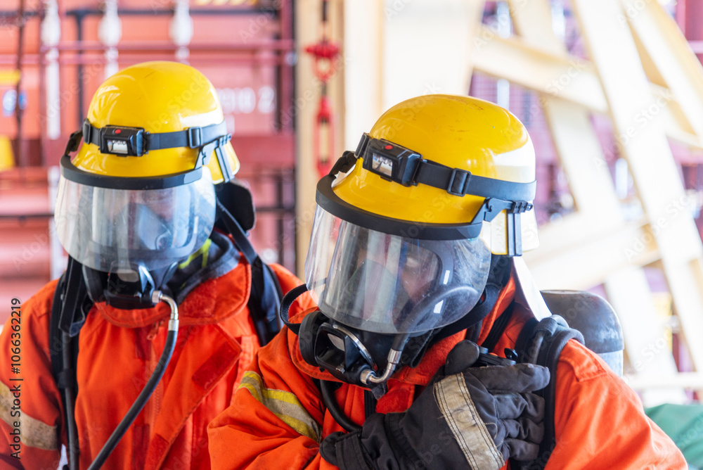 A firefighters in full protective gear, mask, and oxygen tank stands ready during a fire drill on board. Fully equipped, he executes fire suppression tasks with required precision. A firefighters in full protective gear, mask, and oxygen tank stands ready during a fire drill on board. Fully equipped, he executes fire suppression tasks with required precision.