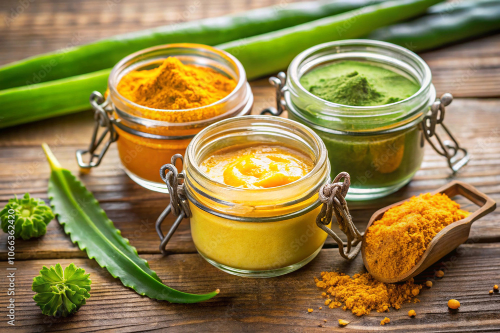 Fresh aloe vera gel with turmeric and sandalwood powder in small glass jars Fresh aloe vera gel with turmeric and sandalwood powder in small glass jars