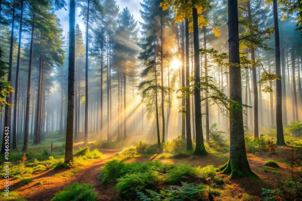 Naklejka premium Foggy forest in early morning light