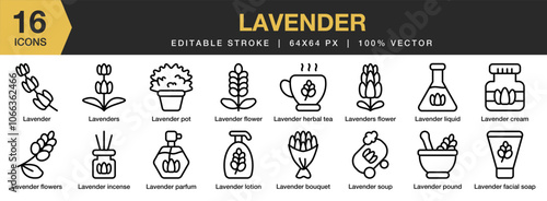 Lavender icon set. Editable Stroke Icon Collection. Includes bouquet, cream, facial soap, flower, herbal tea, and More. Outline icons vector collection.