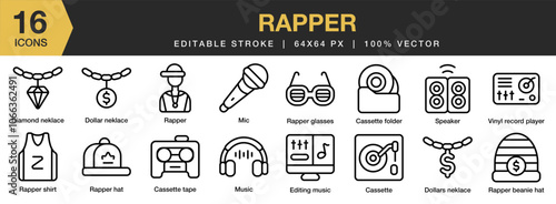 Rapper icon set. Editable Stroke Icon Collection. Includes cassette, diamond necklace, dollar, editing, mic, music, , and More. Outline icons vector collection.