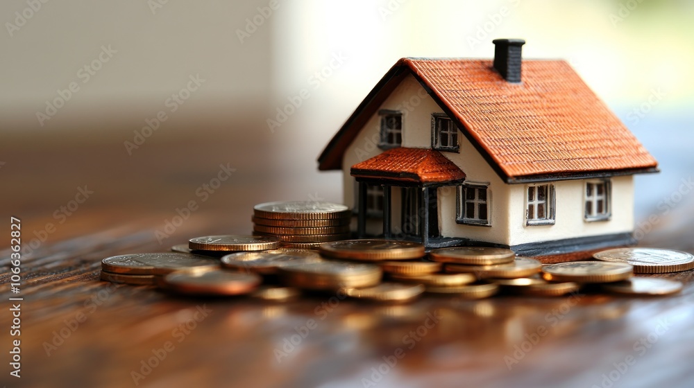 Miniature house model sitting on top of a pile of coins on a wooden surface. Miniature house model sitting on top of a pile of coins on a wooden surface.